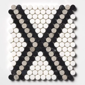 Black, Britannia, Snow White Honed Penny Round Diamond 1 Marble Mosaic 11 27/64x10 15/64