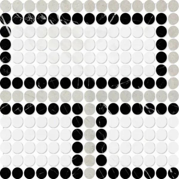 Black, Britannia, Snow White Honed Penny Round Offset 1 Marble Mosaic 11 1/32x12 13/64