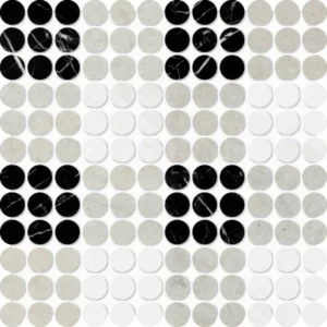 Black, Britannia, Snow White Honed Penny Round Plaid 1 Marble Mosaic 9 27/32x9 27/32